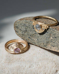 A picture of Leia Zumbro's unique gemstone engagement rings